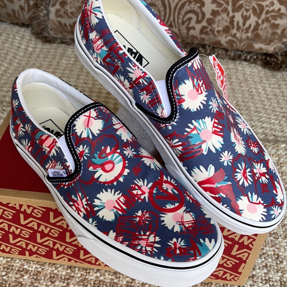 Vans Navy and Red Floral Slip-On Sneakers